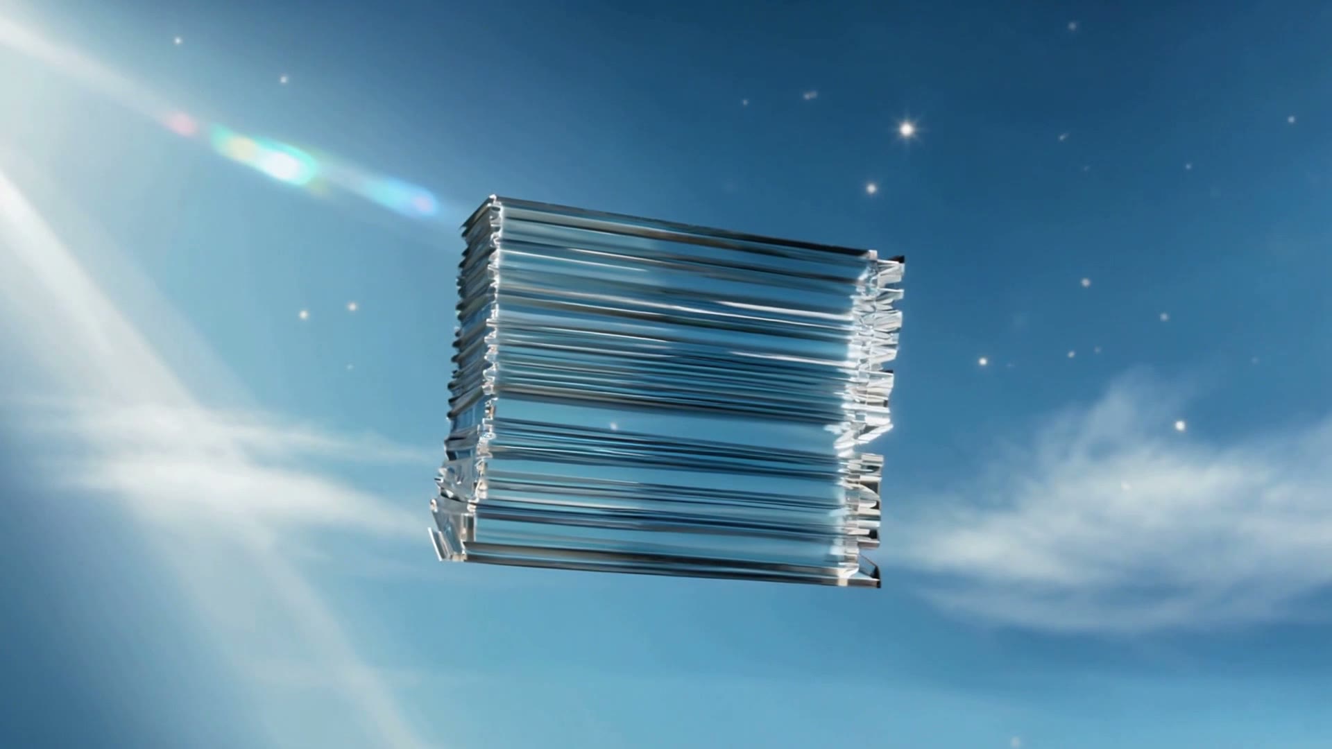 Dozens of glass sheets aligned into one ordered stack in a clear blue sky