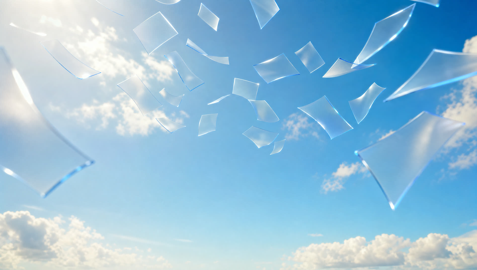 Sheets of glass drifting in a clear blue sky
